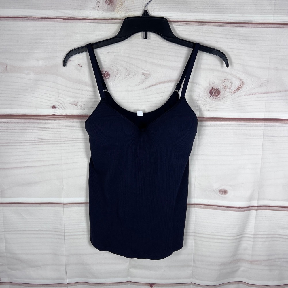 Uniqlo Cami Tank Top Womens M Navy Blue Ribbed V-Neck Built-in Bra Stretch Layer